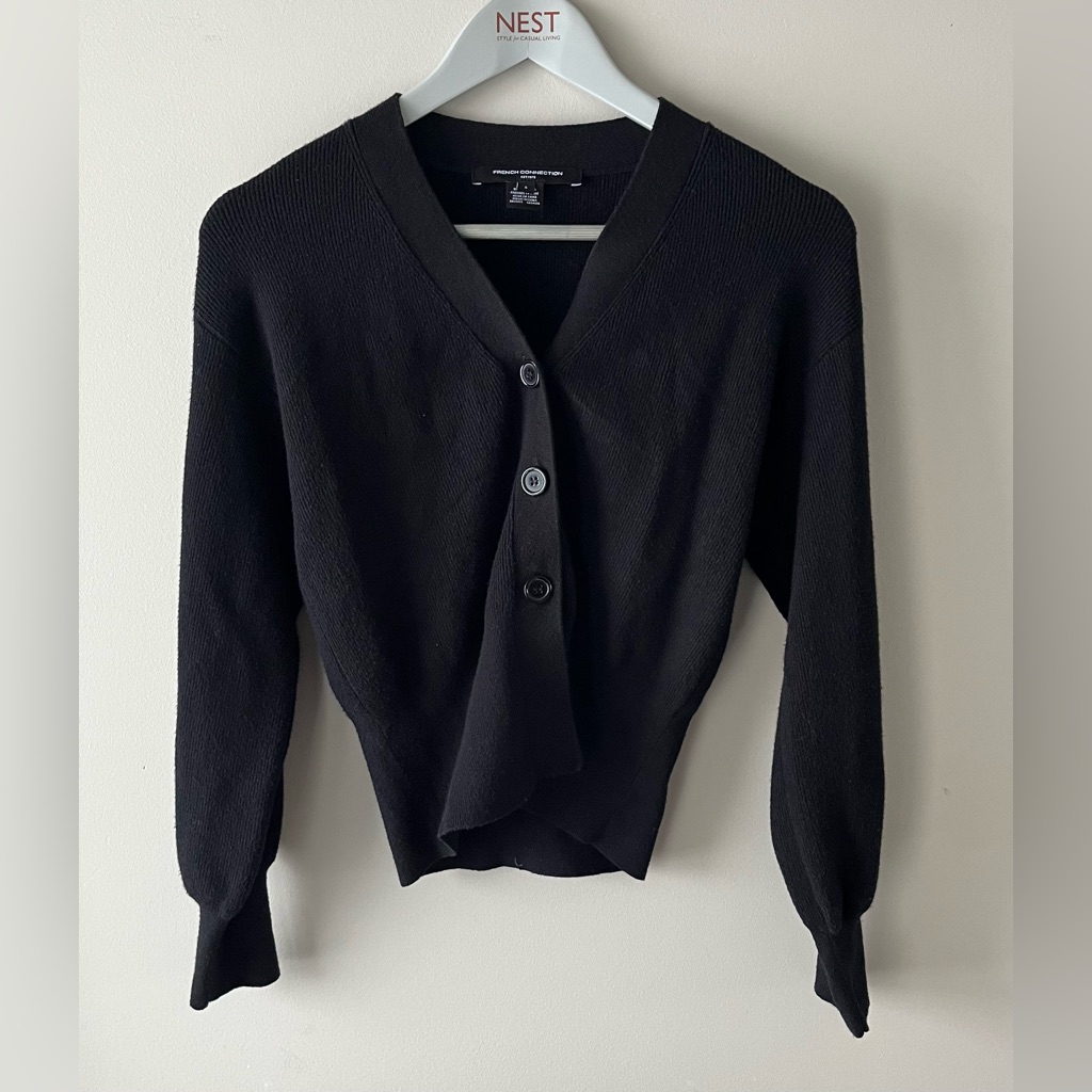 French Connection Black Fitted Button Front Cardigan Bishop Sleeve Size Small